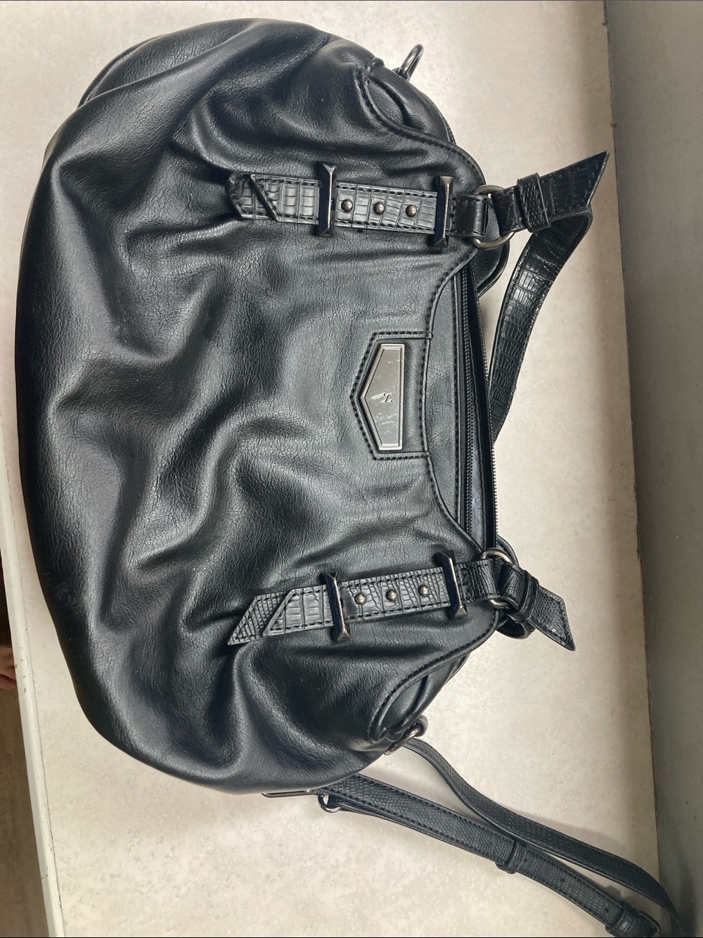 Black Faux Leather Hobo Shoulder Bag